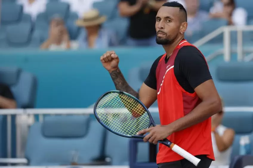 Nick Kyrgios reacts to winning first clay match since 2019