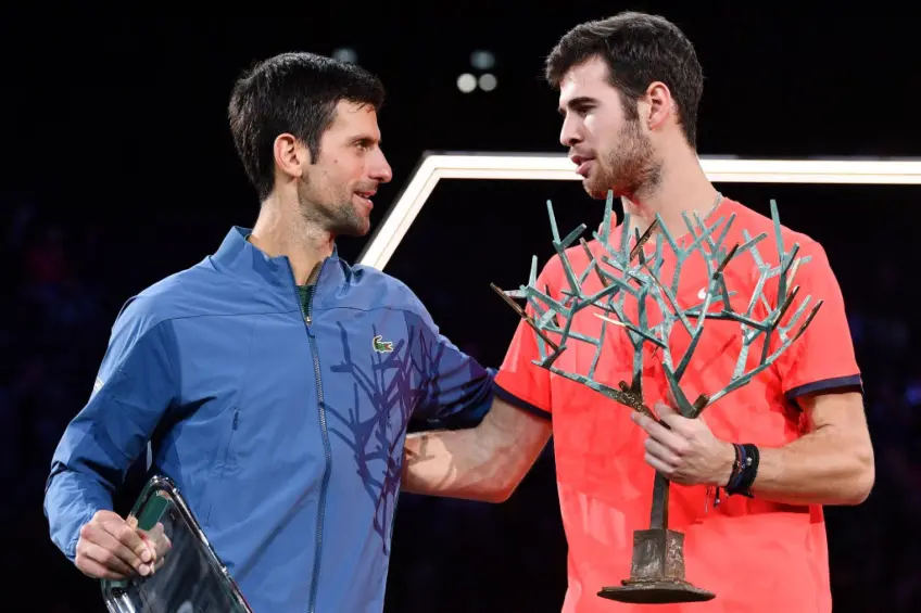 Novak Djokovic reacts to Karen Khachanov winning Zhuhai